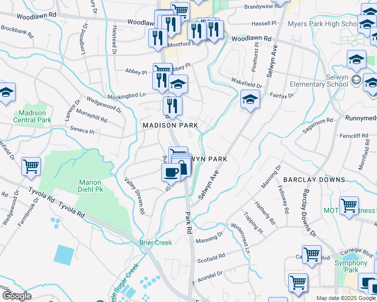 map of restaurants, bars, coffee shops, grocery stores, and more near 4943 Park Road in Charlotte