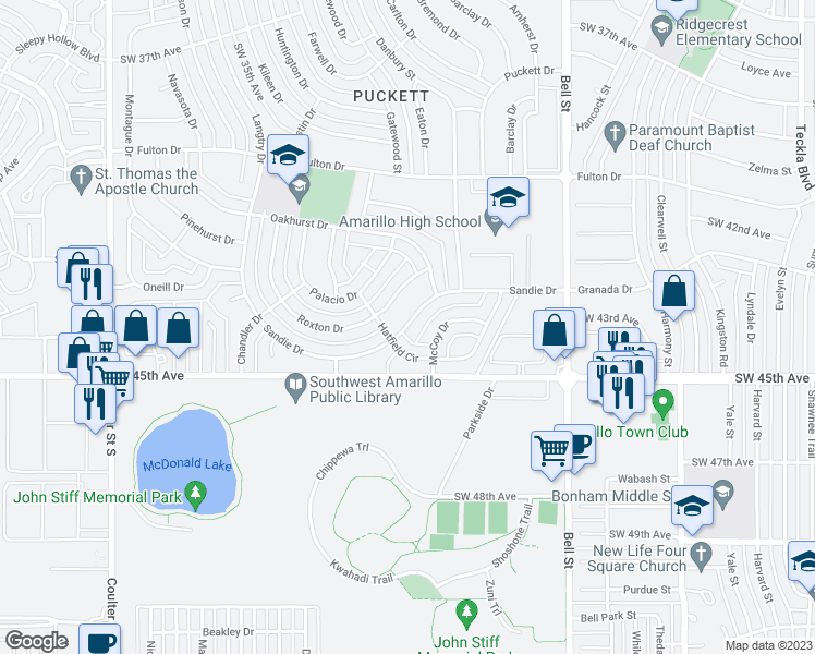 map of restaurants, bars, coffee shops, grocery stores, and more near 6512 Sandie Drive in Amarillo