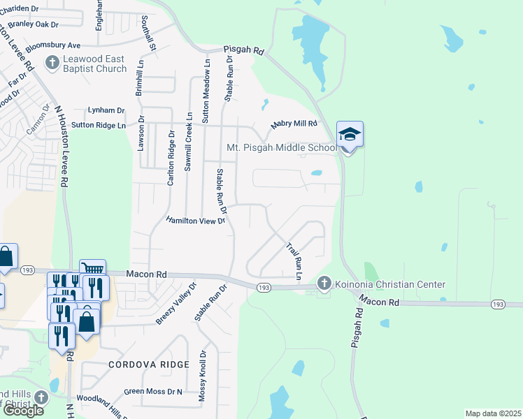 map of restaurants, bars, coffee shops, grocery stores, and more near 1384 Forest Run Cove in Shelby County