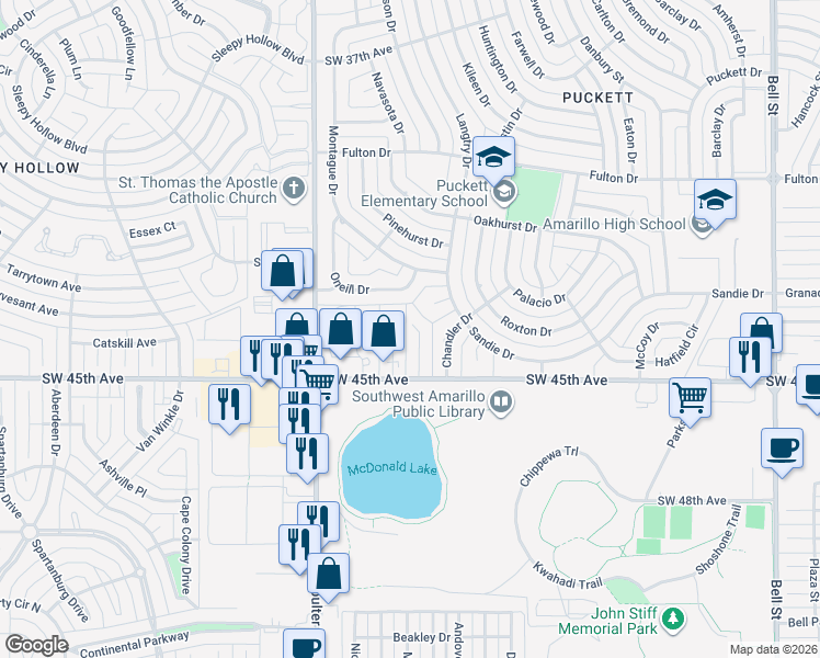 map of restaurants, bars, coffee shops, grocery stores, and more near 4300 Alicia Drive in Amarillo