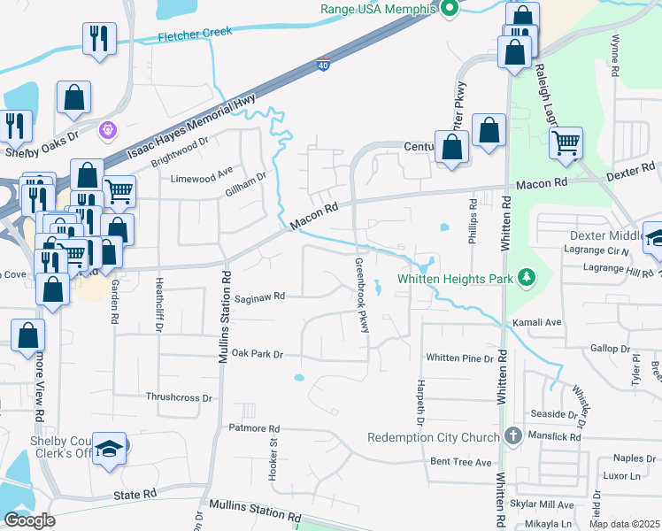 map of restaurants, bars, coffee shops, grocery stores, and more near 6528 Baybrook Lane in Memphis