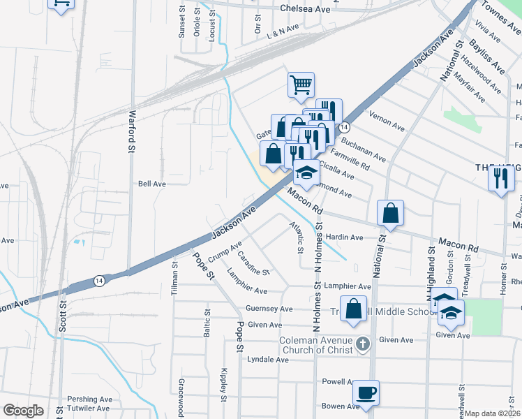 map of restaurants, bars, coffee shops, grocery stores, and more near 3159 Jackson Avenue in Memphis