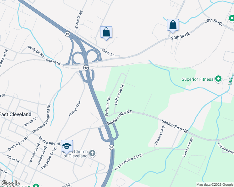 map of restaurants, bars, coffee shops, grocery stores, and more near 450 Ledford Road Northeast in Cleveland