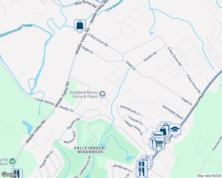 map of restaurants, bars, coffee shops, grocery stores, and more near 6411 Camdendown Lane in Middle Valley
