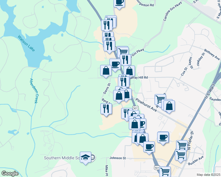 map of restaurants, bars, coffee shops, grocery stores, and more near 105 Turner Street in Southern Pines