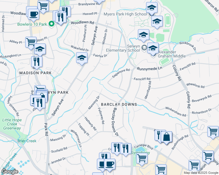 map of restaurants, bars, coffee shops, grocery stores, and more near 2127 Sagamore Road in Charlotte
