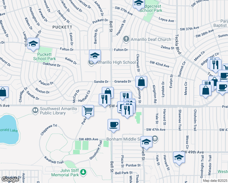map of restaurants, bars, coffee shops, grocery stores, and more near 5635 Southwest 43rd Avenue in Amarillo