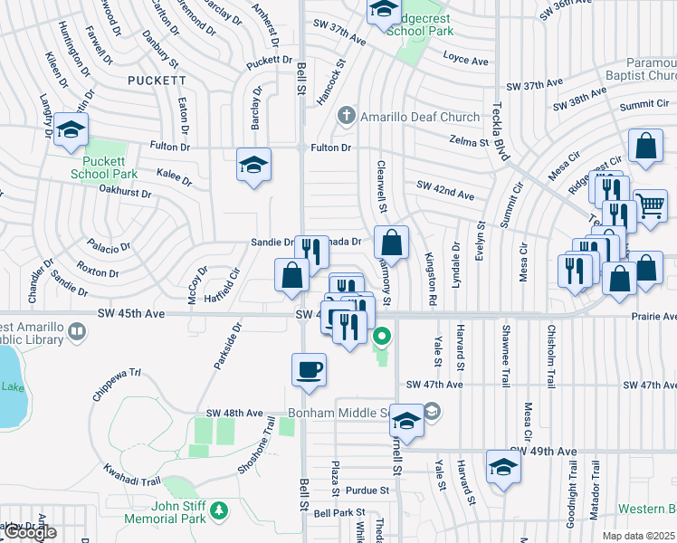 map of restaurants, bars, coffee shops, grocery stores, and more near 5623 Southwest 43rd Avenue in Amarillo