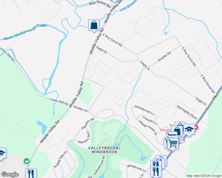 map of restaurants, bars, coffee shops, grocery stores, and more near 1613 Brook Manor Drive in Chattanooga