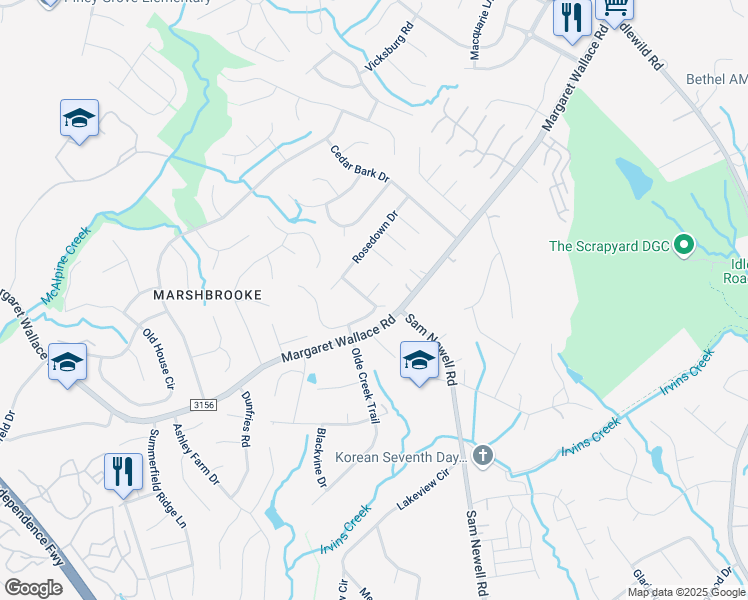 map of restaurants, bars, coffee shops, grocery stores, and more near 9709 Manus Court in Matthews