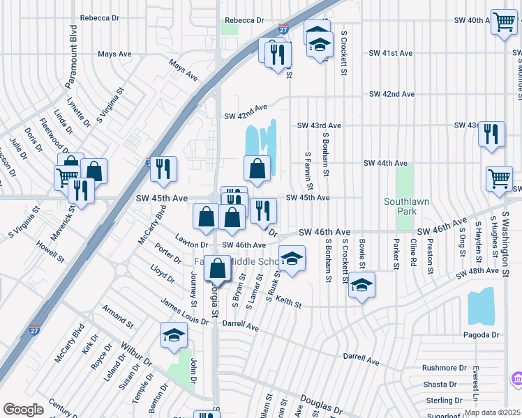 map of restaurants, bars, coffee shops, grocery stores, and more near 2418 Hardin Drive in Amarillo