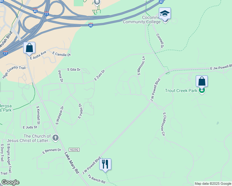 map of restaurants, bars, coffee shops, grocery stores, and more near 3289 South Burgess Lane in Flagstaff