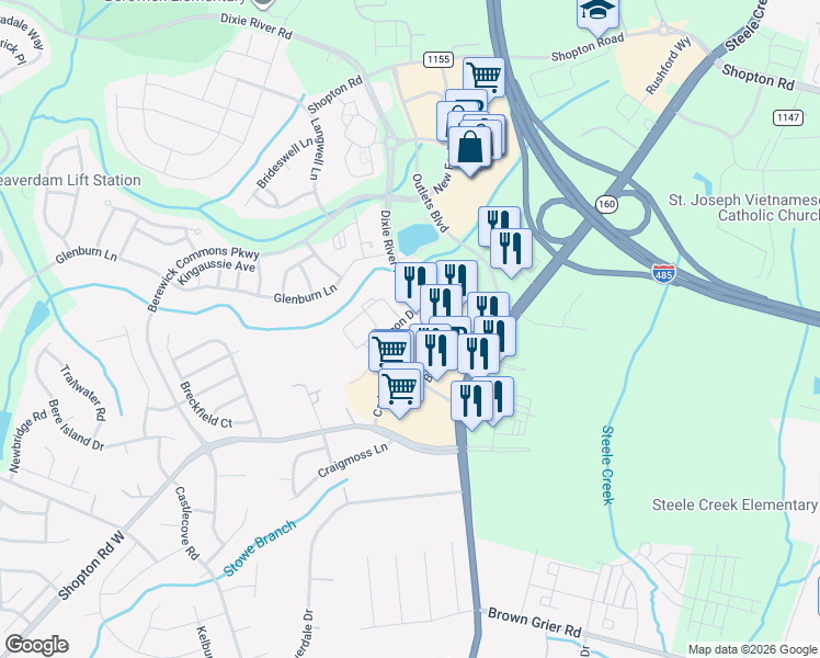 map of restaurants, bars, coffee shops, grocery stores, and more near 9510 Shopton Road West in Charlotte