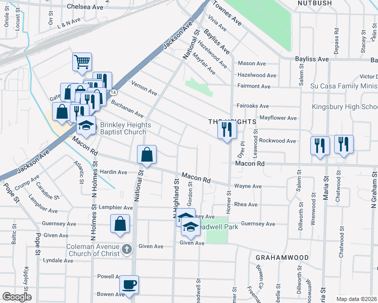 map of restaurants, bars, coffee shops, grocery stores, and more near 3531 Farmville Avenue in Memphis