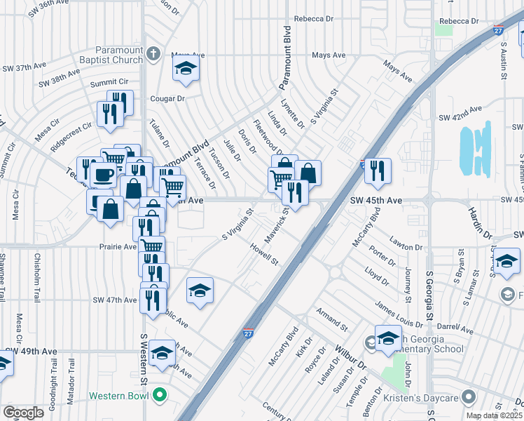 map of restaurants, bars, coffee shops, grocery stores, and more near 3615 Southwest 45th Avenue in Amarillo