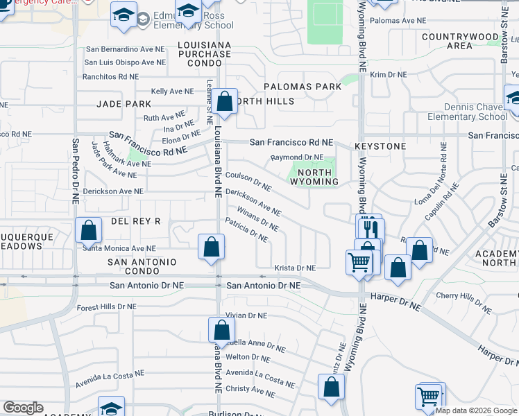 map of restaurants, bars, coffee shops, grocery stores, and more near 7301 Winans Drive Northeast in Albuquerque