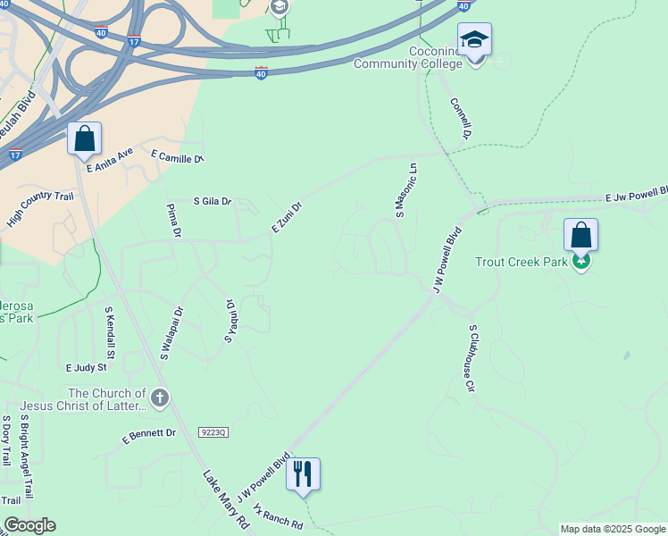 map of restaurants, bars, coffee shops, grocery stores, and more near 3289 South Burgess Lane in Flagstaff