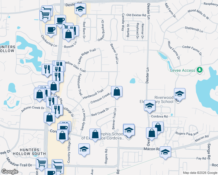 map of restaurants, bars, coffee shops, grocery stores, and more near 8300 Crimson Creek Drive in Memphis