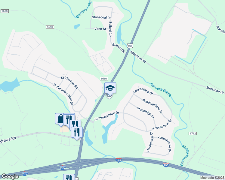 map of restaurants, bars, coffee shops, grocery stores, and more near 6490 Ramsey Street in Fayetteville