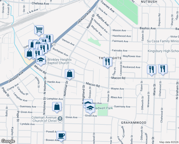 map of restaurants, bars, coffee shops, grocery stores, and more near 3531 Farmville Avenue in Memphis