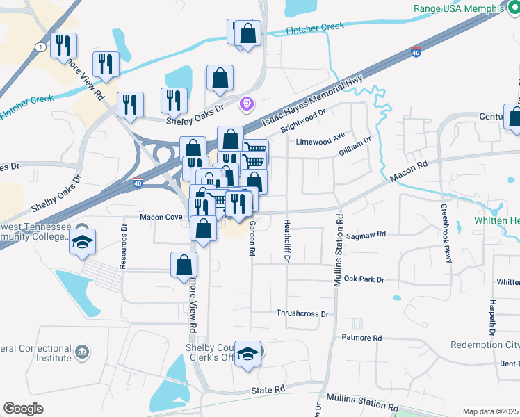 map of restaurants, bars, coffee shops, grocery stores, and more near 6238 Macon Road in Memphis