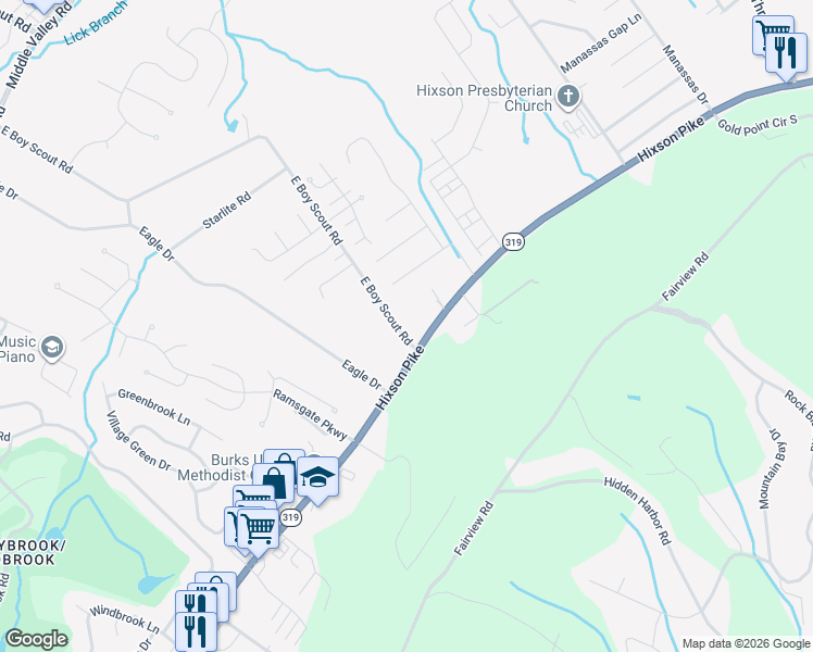map of restaurants, bars, coffee shops, grocery stores, and more near 1766 East Boy Scout Road in Chattanooga