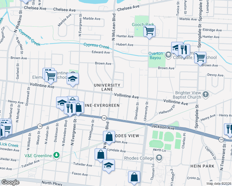 map of restaurants, bars, coffee shops, grocery stores, and more near 934 North McLean Boulevard in Memphis
