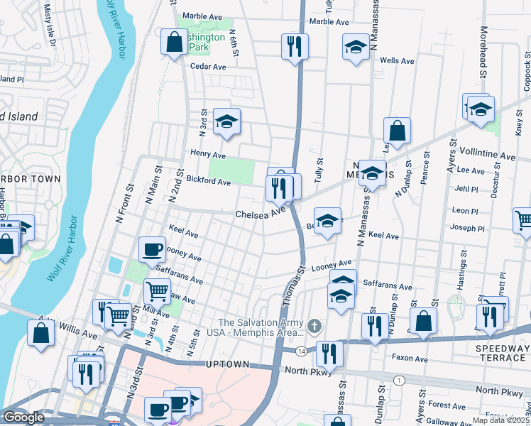 map of restaurants, bars, coffee shops, grocery stores, and more near 605 Chelsea Avenue in Memphis
