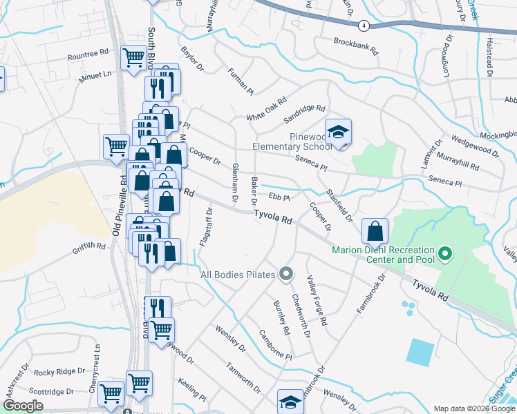 map of restaurants, bars, coffee shops, grocery stores, and more near 1703 Tyvola Road in Charlotte