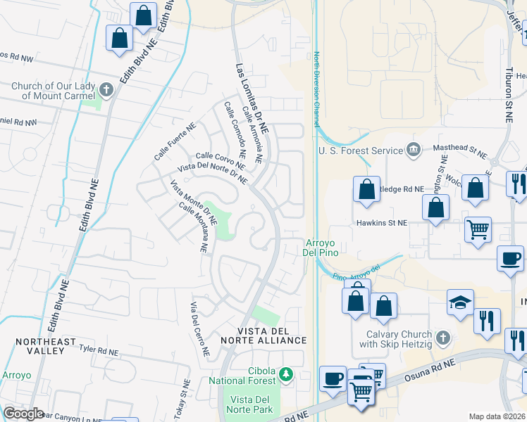 map of restaurants, bars, coffee shops, grocery stores, and more near 7363 Sidewinder Drive Northeast in Albuquerque