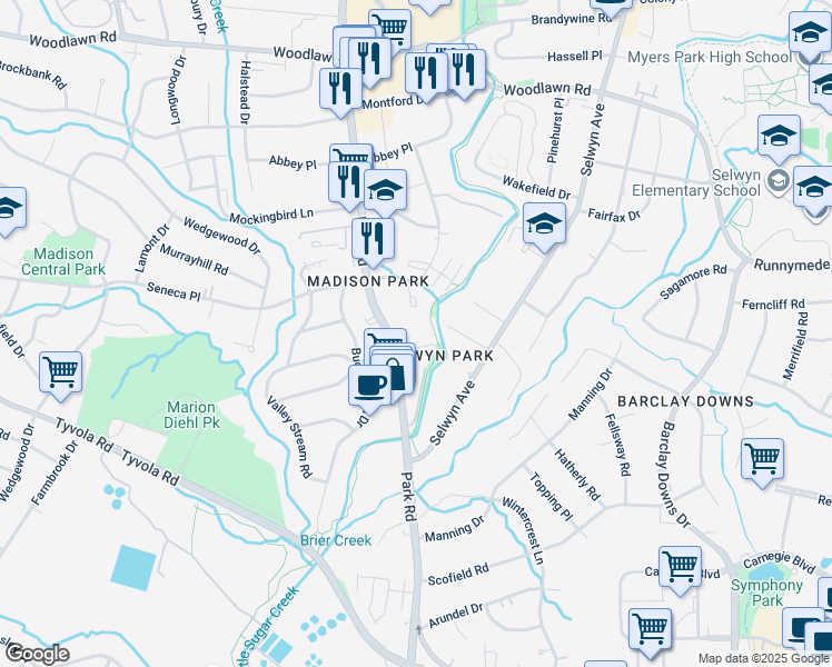 map of restaurants, bars, coffee shops, grocery stores, and more near 4943 Park Road in Charlotte
