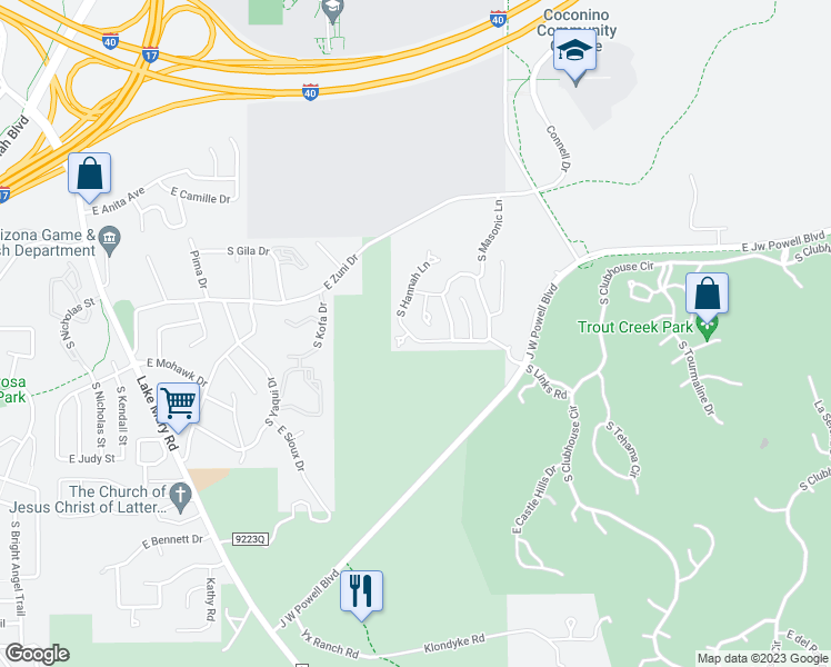 map of restaurants, bars, coffee shops, grocery stores, and more near 3262 South Hannah Lane in Flagstaff