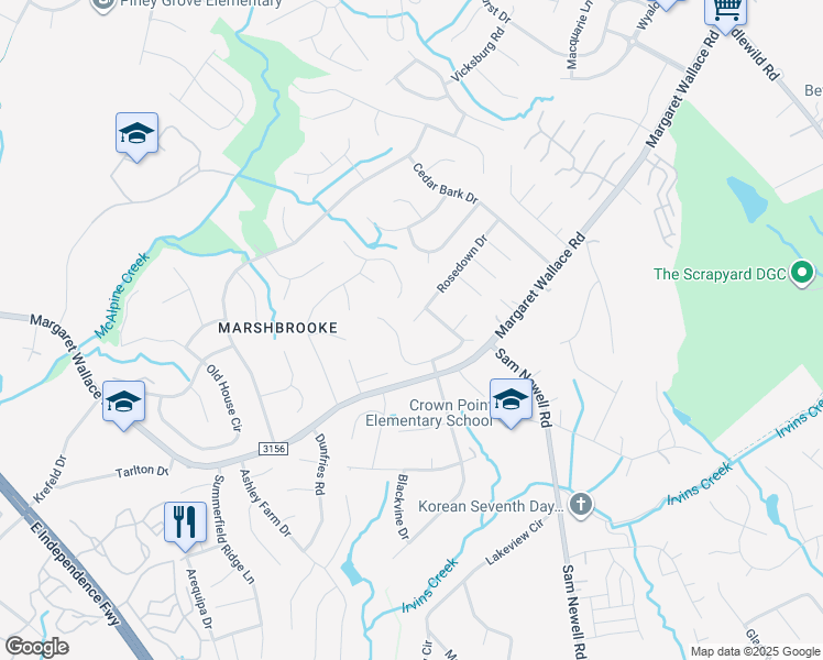 map of restaurants, bars, coffee shops, grocery stores, and more near 3333 Fortis Lane in Matthews