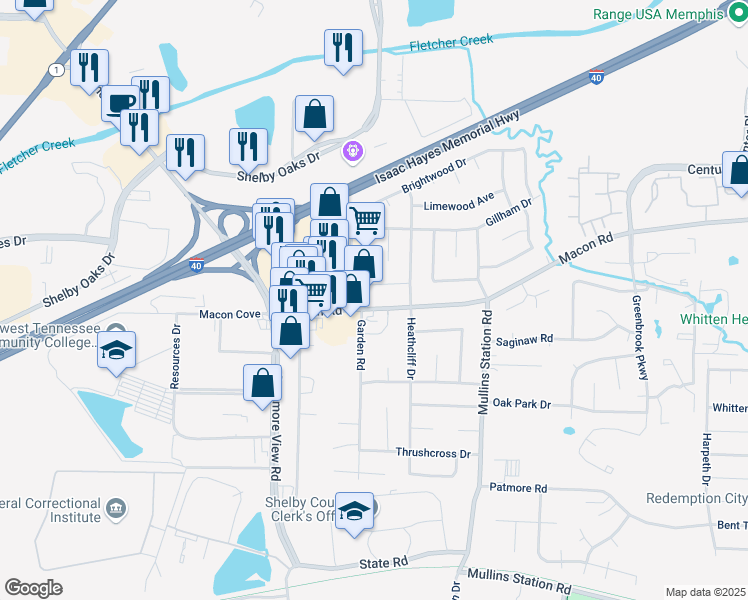 map of restaurants, bars, coffee shops, grocery stores, and more near 6240 Macon Road in Memphis