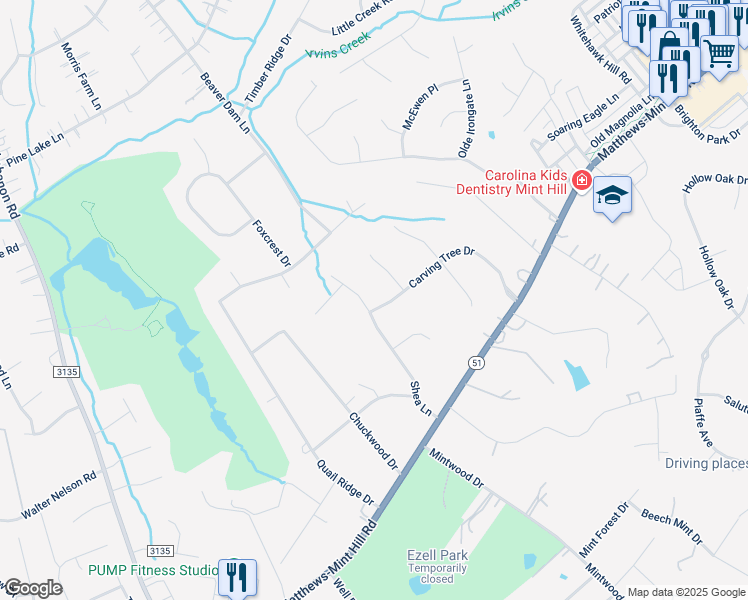 map of restaurants, bars, coffee shops, grocery stores, and more near 4826 Carving Tree Drive in Mint Hill