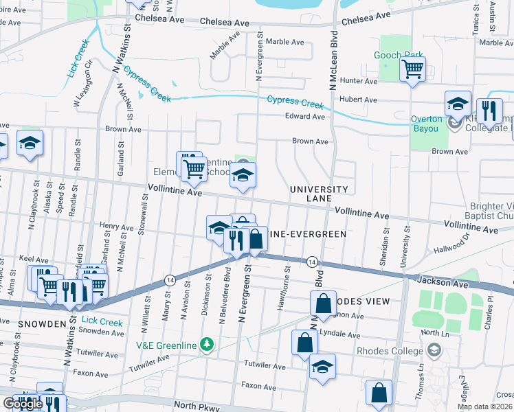 map of restaurants, bars, coffee shops, grocery stores, and more near 919 North Auburndale Street in Memphis