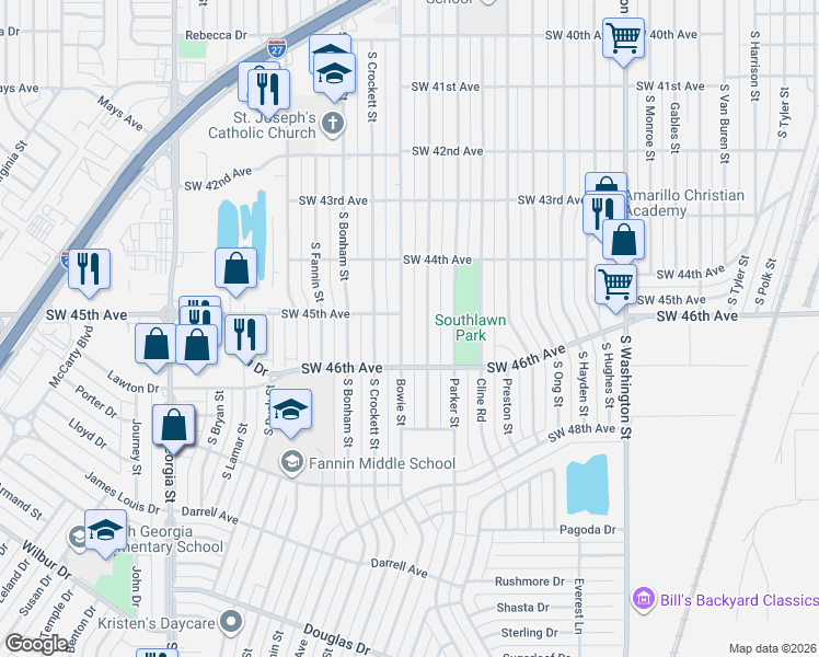 map of restaurants, bars, coffee shops, grocery stores, and more near 4434 Bowie Street in Amarillo