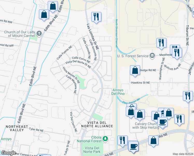 map of restaurants, bars, coffee shops, grocery stores, and more near 7363 Sidewinder Drive Northeast in Albuquerque