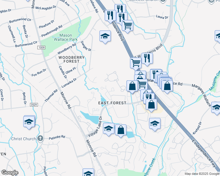 map of restaurants, bars, coffee shops, grocery stores, and more near 7328 Pebblestone Drive in Charlotte
