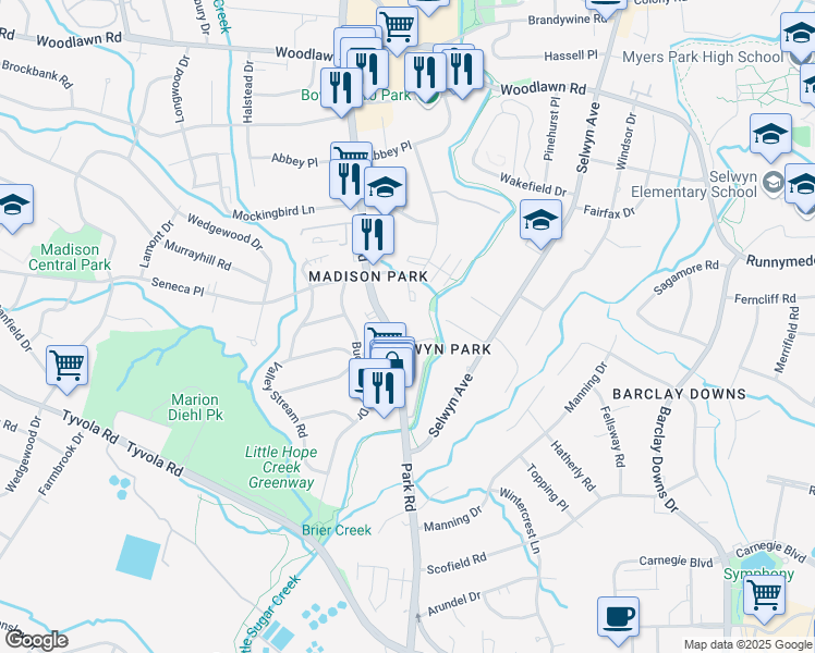 map of restaurants, bars, coffee shops, grocery stores, and more near in Charlotte