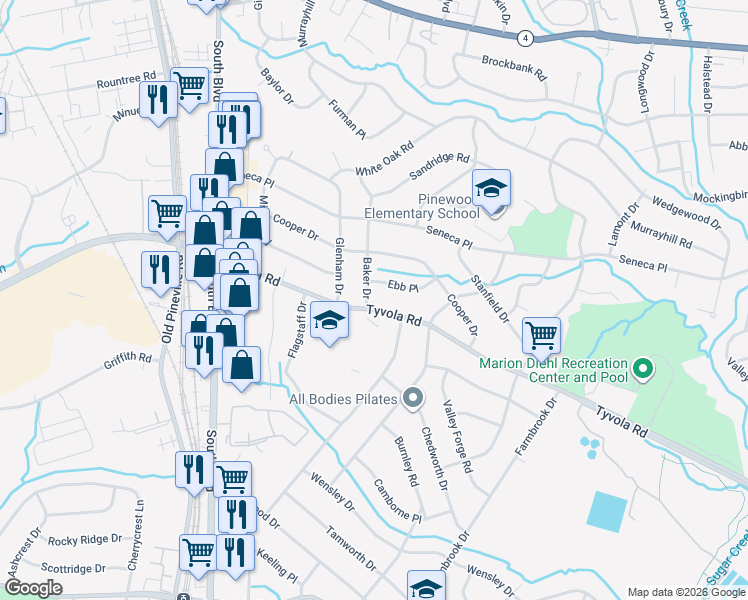 map of restaurants, bars, coffee shops, grocery stores, and more near 1703 Tyvola Road in Charlotte