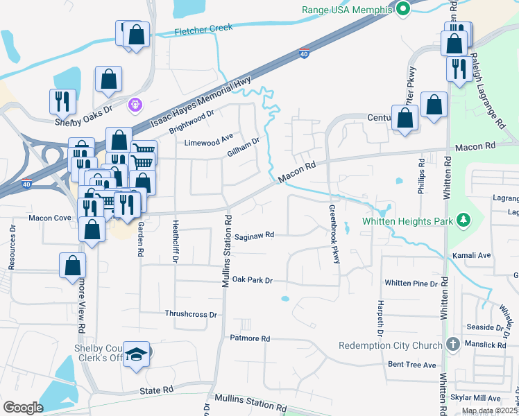 map of restaurants, bars, coffee shops, grocery stores, and more near 6451 Ridgebrook Lane in Memphis