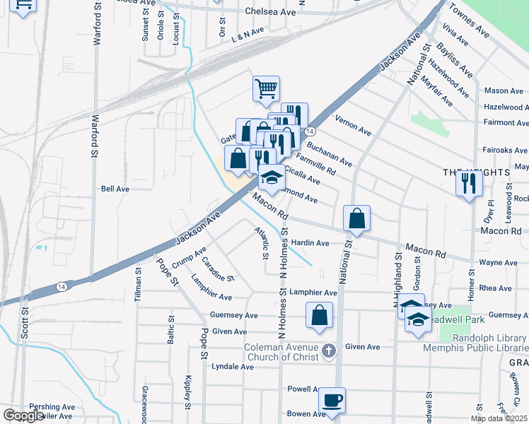 map of restaurants, bars, coffee shops, grocery stores, and more near 1112 Atlantic Street in Memphis