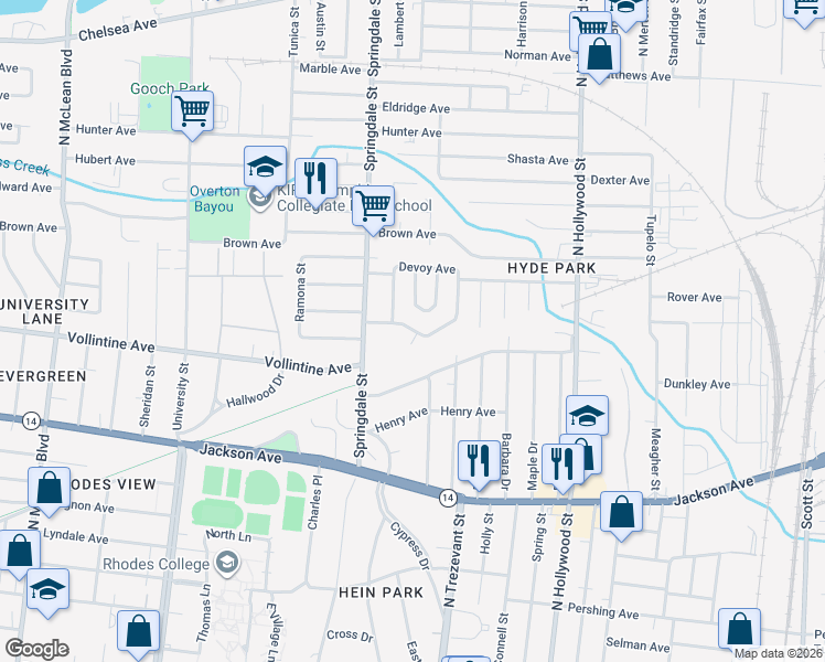 map of restaurants, bars, coffee shops, grocery stores, and more near 2269 Alameda Cove in Memphis