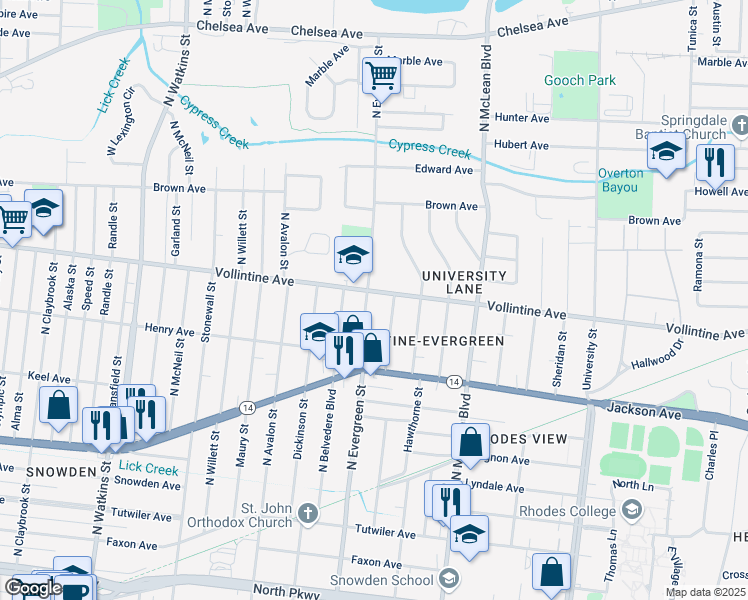 map of restaurants, bars, coffee shops, grocery stores, and more near 919 North Auburndale Street in Memphis