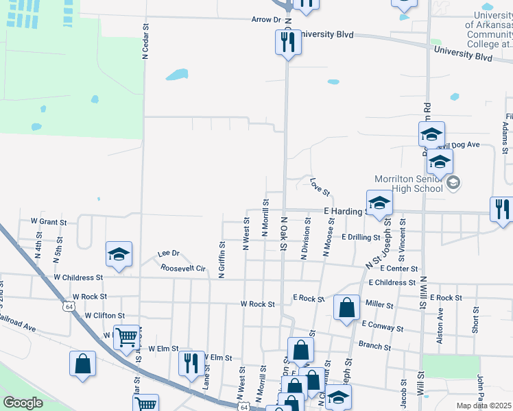 map of restaurants, bars, coffee shops, grocery stores, and more near 904 North West Street in Morrilton