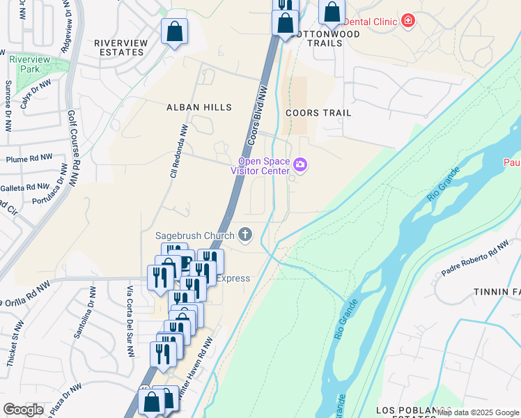 map of restaurants, bars, coffee shops, grocery stores, and more near 3104 Brian Meadows Place Northwest in Albuquerque