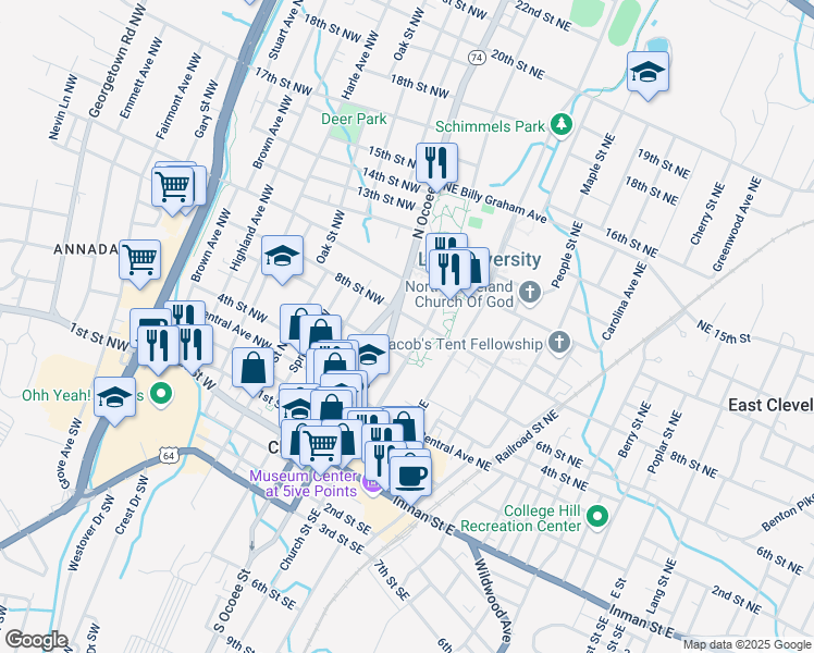 map of restaurants, bars, coffee shops, grocery stores, and more near 795 Church Street Northeast in Cleveland