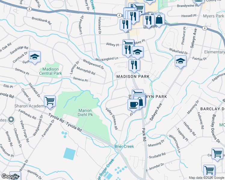 map of restaurants, bars, coffee shops, grocery stores, and more near 4917 Valley Stream Road in Charlotte