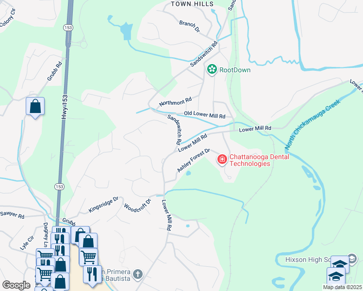 map of restaurants, bars, coffee shops, grocery stores, and more near 1005 Lower Mill Road in Chattanooga